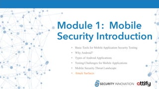 Module 1: Mobile
Security Introduction
• Basic Tools for Mobile Application Security Testing
• Why Android?
• Types of Android Applications
• Testing Challenges for Mobile Applications
• Mobile Security Threat Landscape
• Attack Surfaces
 