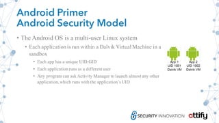 Android Primer
Android Security Model
• The Android OS is a multi-user Linux system
• Each application is run within a Dalvik Virtual Machine in a
sandbox
• Each app has a unique UID:GID
• Each applicationruns as a different user
• Any program can askActivity Manager to launch almost any other
application,which runs with the application’s UID
 