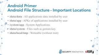 Android Primer
Android File Structure - Important Locations
• /data/data : All applications data installed by user
• /data/app : APKs of applications installed by user
• /system/app : System Applications
• /data/system : Files such as gesture.key
• /data/local/tmp : Writeable (without root)
 