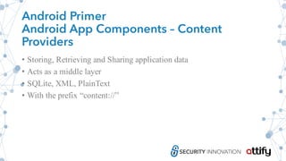 Android Primer
Android App Components – Content
Providers
• Storing, Retrieving and Sharing application data
• Acts as a middle layer
• SQLite, XML, PlainText
• With the prefix “content://”
 