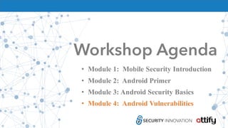 Workshop Agenda
• Module 1: Mobile Security Introduction
• Module 2: Android Primer
• Module 3: Android Security Basics
• Module 4: Android Vulnerabilities
 