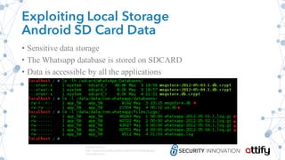 Exploiting Local Storage
Android SD Card Data
• Sensitive data storage
• The Whatsapp database is stored on SDCARD
• Data is accessible by all the applications
Image Source:
http://www.securitybydefault.com/2012/05/whatsapp-
forensics.html
 
