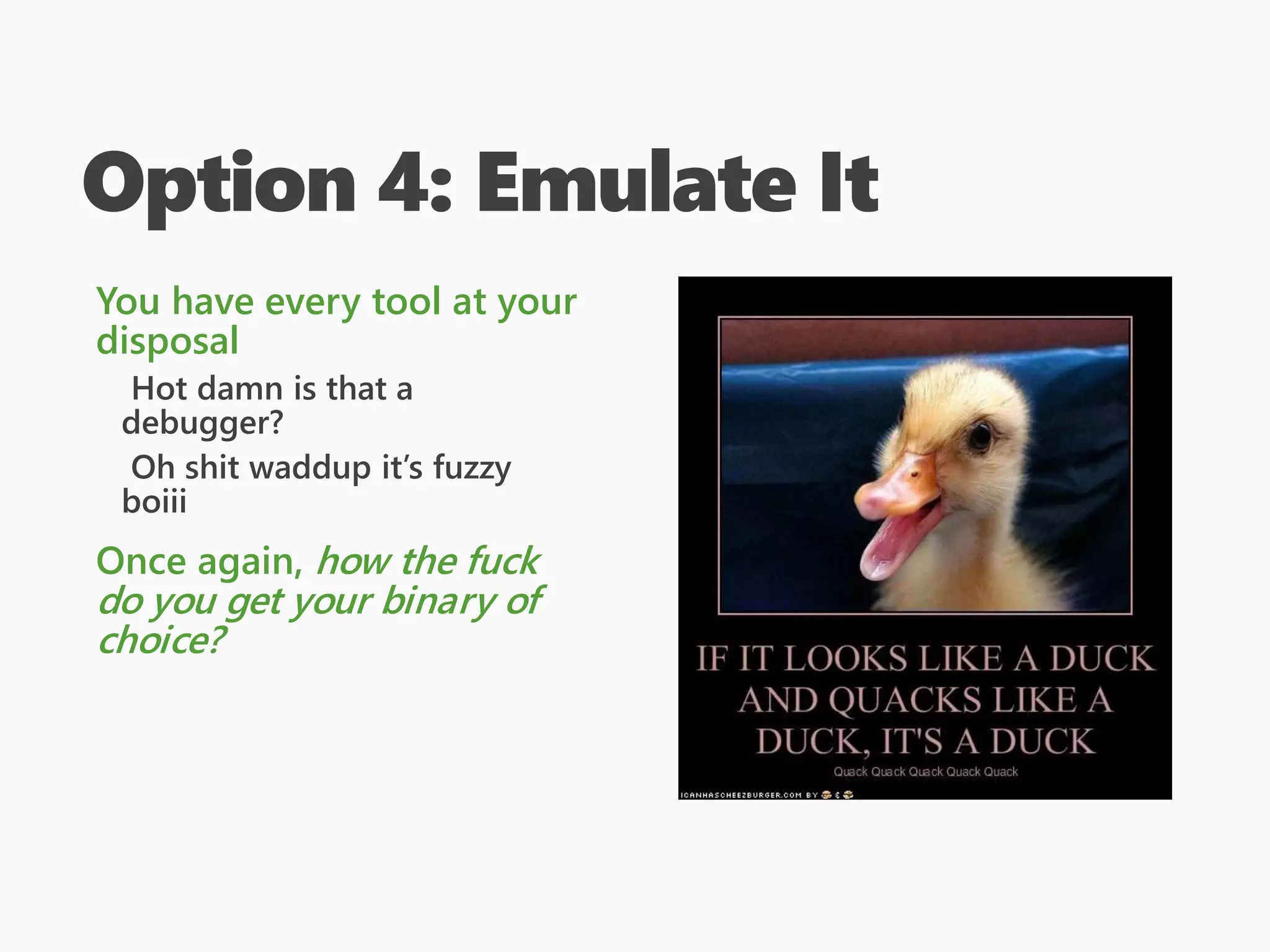 Option 4: Emulate It
You have every tool at your
disposal
Hot damn is that a
debugger?
Oh shit waddup it’s fuzzy
boiii
Once again, how the fuck
do you get your binary of
choice?
 