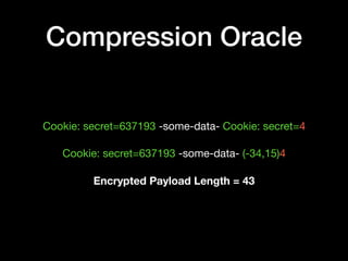 Compression Oracle
Cookie: secret=637193 -some-data- Cookie: secret=4

Cookie: secret=637193 -some-data- (-34,15)4

Encrypted Payload Length = 43
 