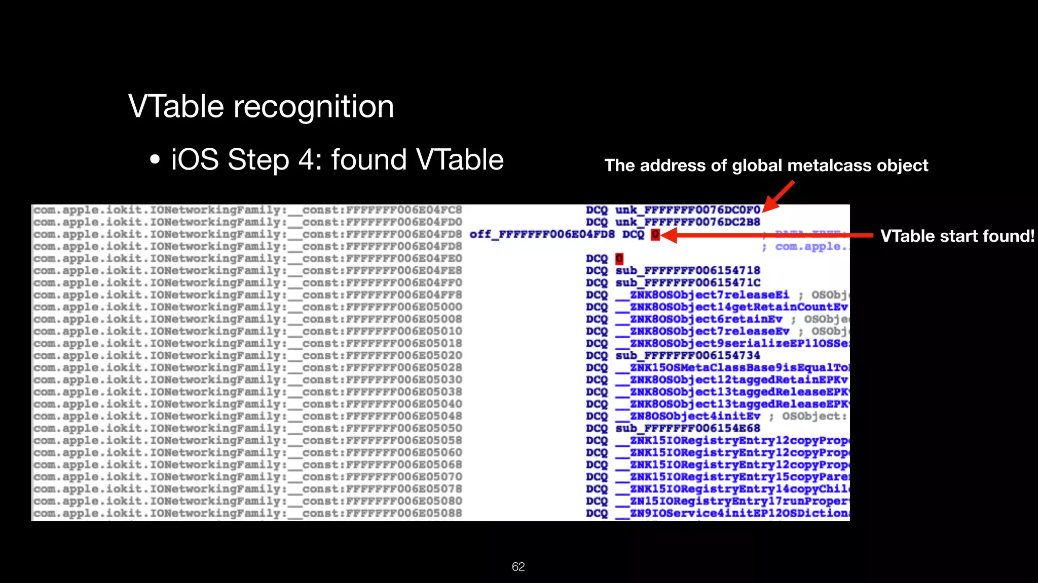 VTable recognition

• iOS Step 4: found VTable The address of global metalcass object
VTable start found!
62
 