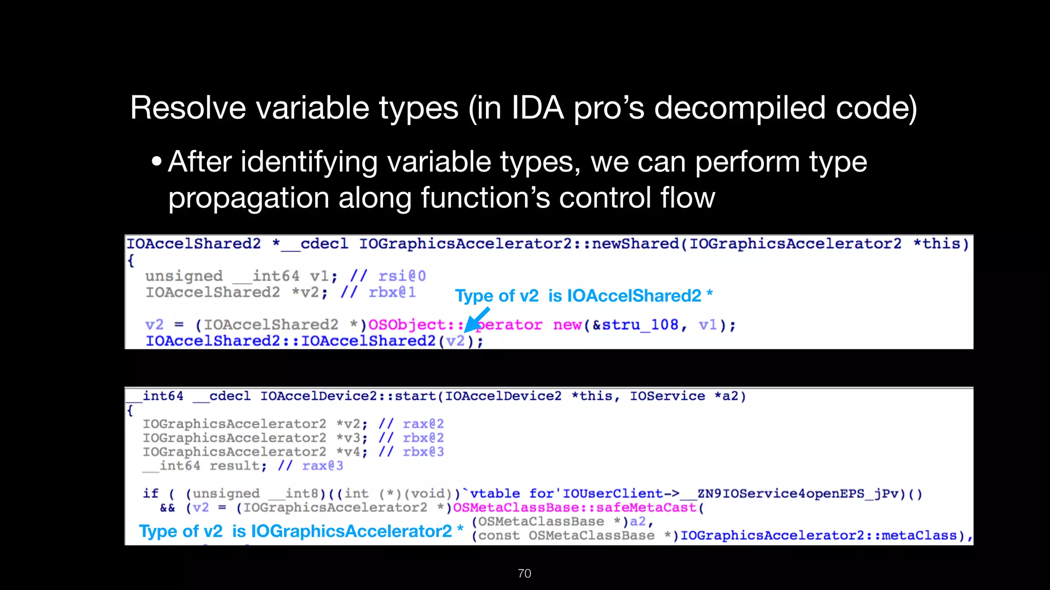 Resolve variable types (in IDA pro’s decompiled code)

•After identifying variable types, we can perform type
propagation along function’s control ﬂow
Type of v2 is IOAccelShared2 *
Type of v2 is IOGraphicsAccelerator2 *
70
 