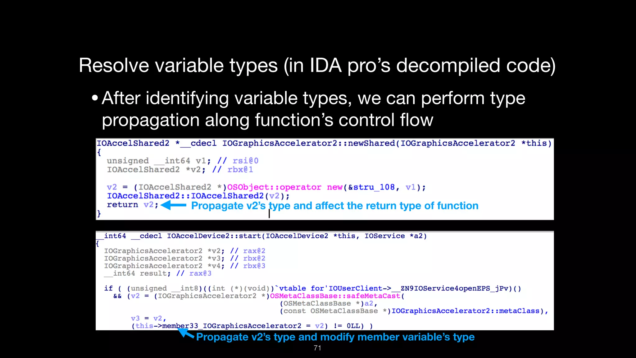Resolve variable types (in IDA pro’s decompiled code)

•After identifying variable types, we can perform type
propagation along function’s control ﬂow
Propagate v2’s type and aﬀect the return type of function
Propagate v2’s type and modify member variable’s type
71
 