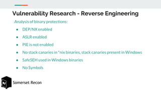 Somerset Recon
Vulnerability Research - Reverse Engineering
Analysis of binary protections:
● DEP/NX enabled
● ASLR enable...