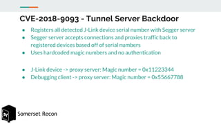 Somerset Recon
CVE-2018-9093 - Tunnel Server Backdoor
● Registers all detected J-Link device serial number with Segger ser...