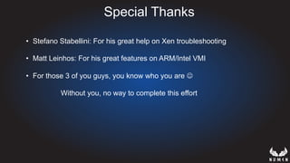 Special Thanks
•  Stefano Stabellini: For his great help on Xen troubleshooting
•  Matt Leinhos: For his great features on ARM/Intel VMI
•  For those 3 of you guys, you know who you are J
Without you, no way to complete this effort
 