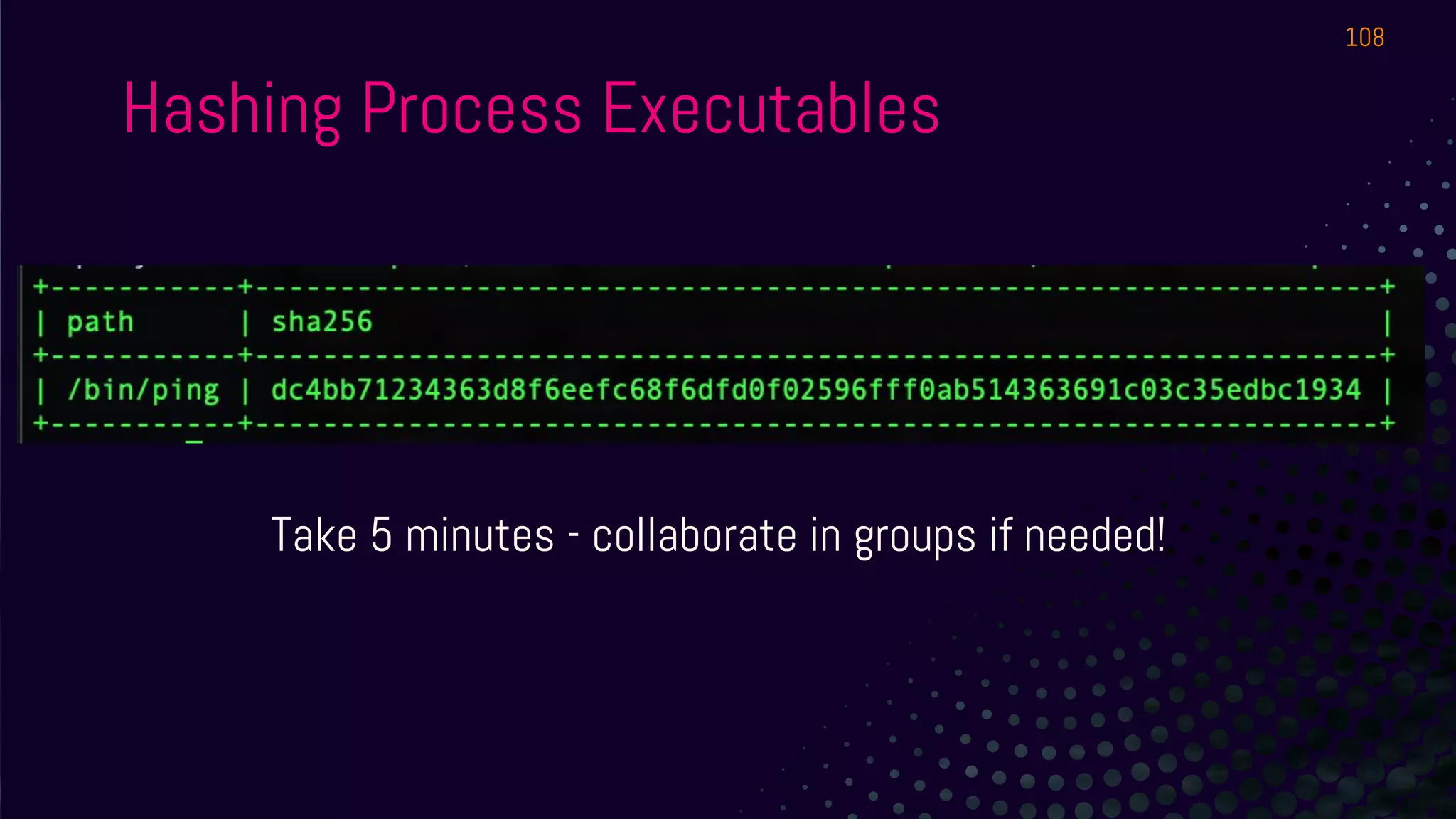 Hashing Process Executables
108
Take 5 minutes - collaborate in groups if needed!
 