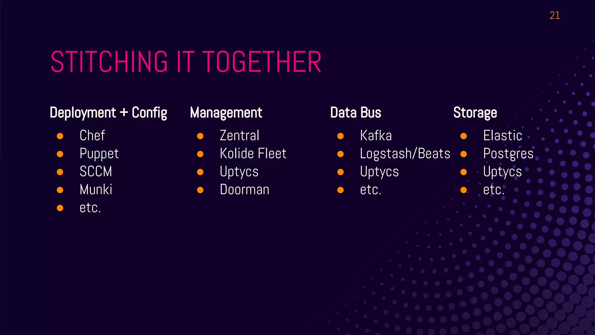 STITCHING IT TOGETHER
Deployment + Config
● Chef
● Puppet
● SCCM
● Munki
● etc.
Management
● Zentral
● Kolide Fleet
● Uptycs
● Doorman
Data Bus
● Kafka
● Logstash/Beats
● Uptycs
● etc.
21
Storage
● Elastic
● Postgres
● Uptycs
● etc.
 
