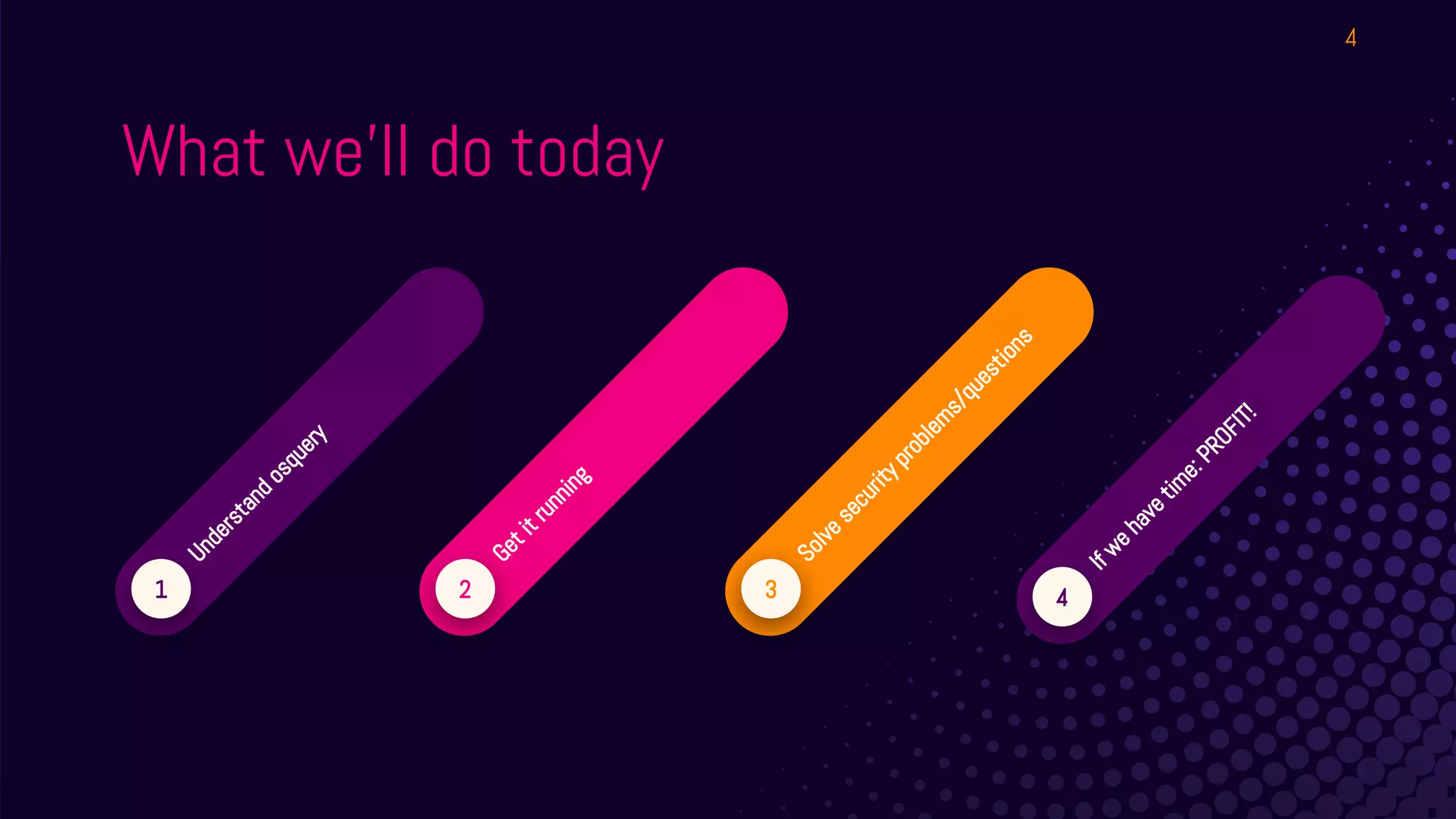 What we’ll do today
4
1
Understandosquery
2
Getitrunning
3
Solvesecurityproblem
s/questions
4
Ifwehavetim
e:PROFIT!
 