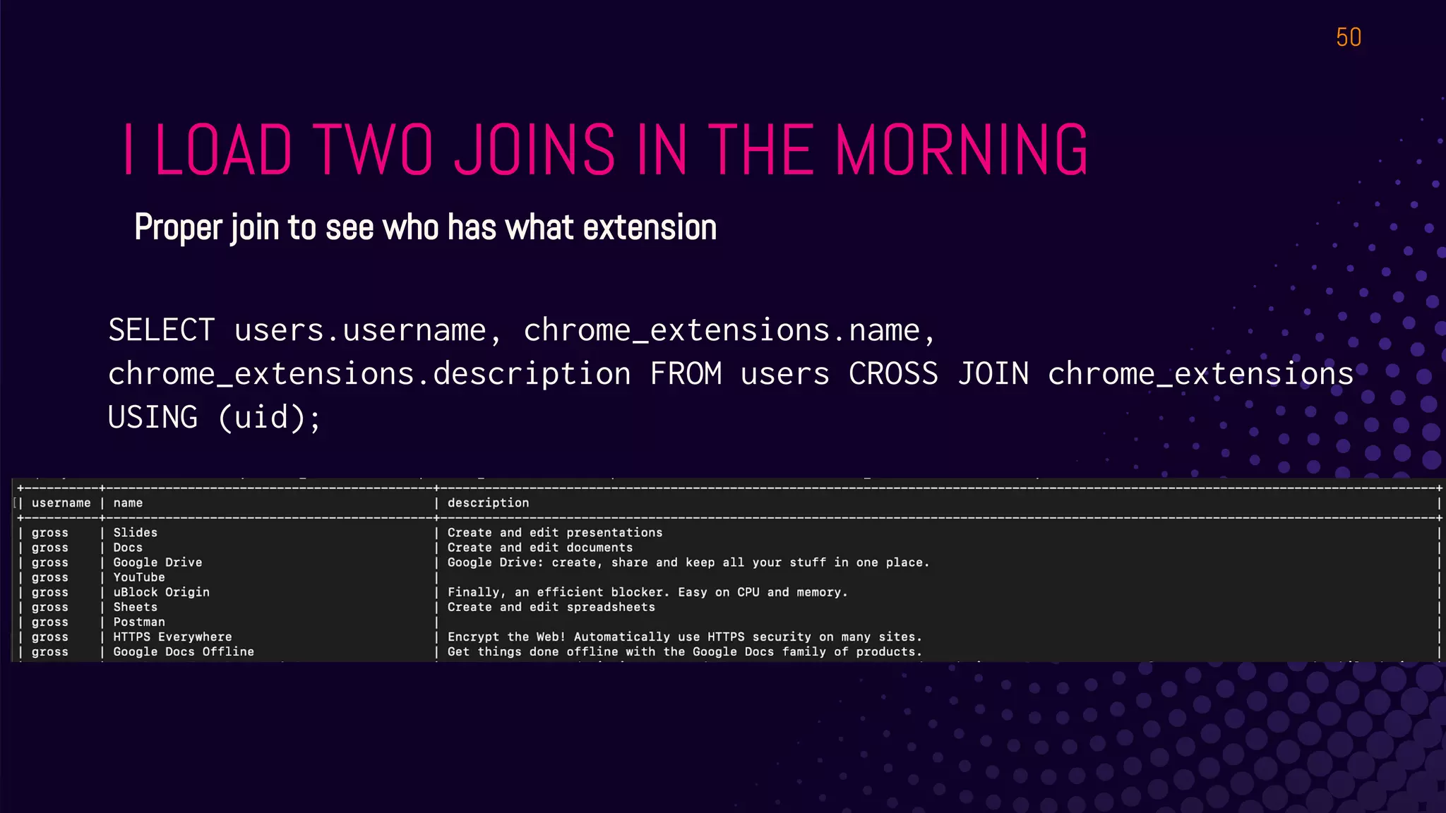 I LOAD TWO JOINS IN THE MORNING
50
Proper join to see who has what extension
SELECT users.username, chrome_extensions.name,
chrome_extensions.description FROM users CROSS JOIN chrome_extensions
USING (uid);
 