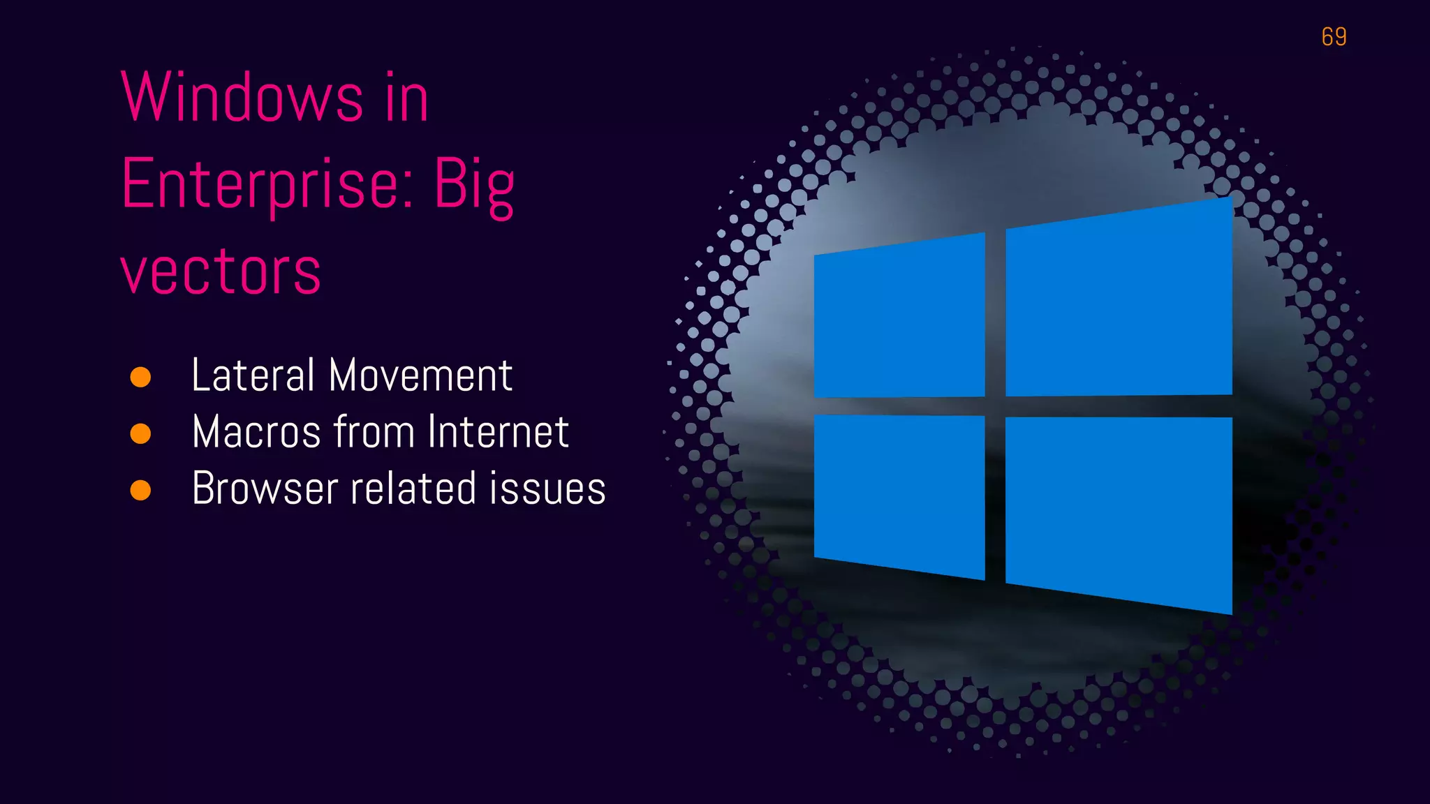 Windows in
Enterprise: Big
vectors
● Lateral Movement
● Macros from Internet
● Browser related issues
69
 