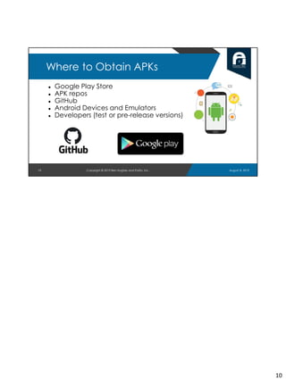 10
Where to Obtain APKs
● Google Play Store
● APK repos
● GitHub
● Android Devices and Emulators
● Developers (test or pre-release versions)
August 8, 2019Copyright © 2019 Ben Hughes and Polito, Inc.
10
 