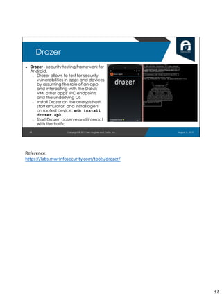 ● Drozer - security testing framework for
Android.
○ Drozer allows to test for security
vulnerabilities in apps and devices
by assuming the role of an app
and interacting with the Dalvik
VM, other apps' IPC endpoints
and the underlying OS
○ Install Drozer on the analysis host,
start emulator, and install agent
on rooted device: adb install
drozer.apk
○ Start Drozer, observe and interact
with the traffic
32
Drozer
August 8, 2019Copyright © 2019 Ben Hughes and Polito, Inc.
Reference:
https://labs.mwrinfosecurity.com/tools/drozer/
32
 