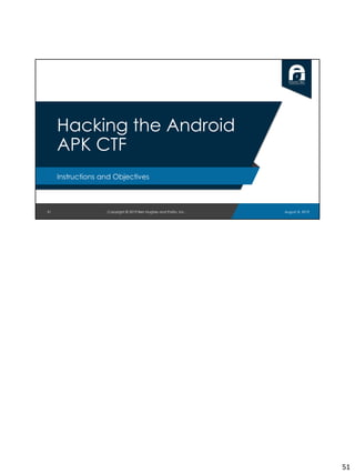 51
Hacking the Android
APK CTF
Instructions and Objectives
August 8, 2019Copyright © 2019 Ben Hughes and Polito, Inc.
51
 