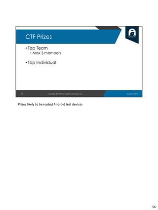 • Top Team
• Max 3 members
• Top Individual
56
CTF Prizes
August 8, 2019Copyright © 2019 Ben Hughes and Polito, Inc.
Prizes likely to be rooted Android test devices
56
 