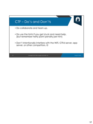 • Do collaborate and team up.
• Do use the hints if you get stuck and need help.
(but remember hefty point penalty per hint)
• Don’t intentionally interfere with the WiFi, CTFd server, app
server, or other competitors. ☺
57
CTF – Do’s and Don’ts
August 8, 2019Copyright © 2019 Ben Hughes and Polito, Inc.
57
 