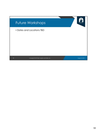 • Dates and Locations TBD
59
Future Workshops
August 8, 2019Copyright © 2019 Ben Hughes and Polito, Inc.
59
 