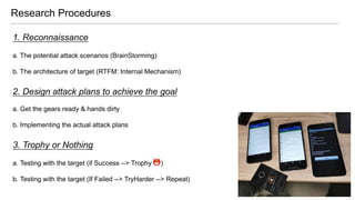 Research Procedures
1. Reconnaissance
a. The potential attack scenarios (BrainStorming)
b. The architecture of target (RTFM: Internal Mechanism)
2. Design attack plans to achieve the goal
a. Get the gears ready & hands dirty
b. Implementing the actual attack plans
3. Trophy or Nothing
a. Testing with the target (if Success --> Trophy )
b. Testing with the target (If Failed --> TryHarder --> Repeat)
 