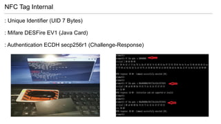 NFC Tag Internal
: Unique Identifier (UID 7 Bytes)
: Mifare DESFire EV1 (Java Card)
: Authentication ECDH secp256r1 (Challenge-Response)
 