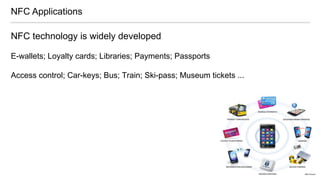 NFC Applications
NFC technology is widely developed
E-wallets; Loyalty cards; Libraries; Payments; Passports
Access control; Car-keys; Bus; Train; Ski-pass; Museum tickets ...
 
