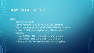 HOW TO FAIL AT TLS
Data:
Version: 3 (0x2)
Serial Number: 522427837 (0x1f239dbd)
Signature Algorithm: sha256WithRSAEncryption
Issuer: C=FR, O=assylias.Inc, CN=assylias
Validity
Not Before: Jan 17 05:26:19 2015 GMT
Not After : Dec 24 05:26:19 2114 GMT
Subject: C=FR, O=assylias.Inc, CN=assylias
 