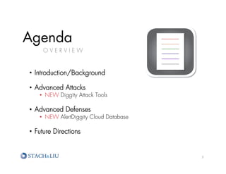 Agenda
     OVERVIEW


•  Introduction/Background

•  Advanced Attacks
    •  NEW Diggity Attack Tools

•  Advanced Defens...