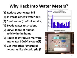Why Hack Into Water Meters?
(1) Reduce your water bill
(2) Increase other’s water bills
(3) Steal water (theft of service)
(4) Evade water restrictions
(5) Surveillance of human
    activity in the home
(6) Route to introduce malware
    into water SCADA system(?)
(7) Get into other ‘smartgrid’
    networks like electric grid (?)
                                      18
 