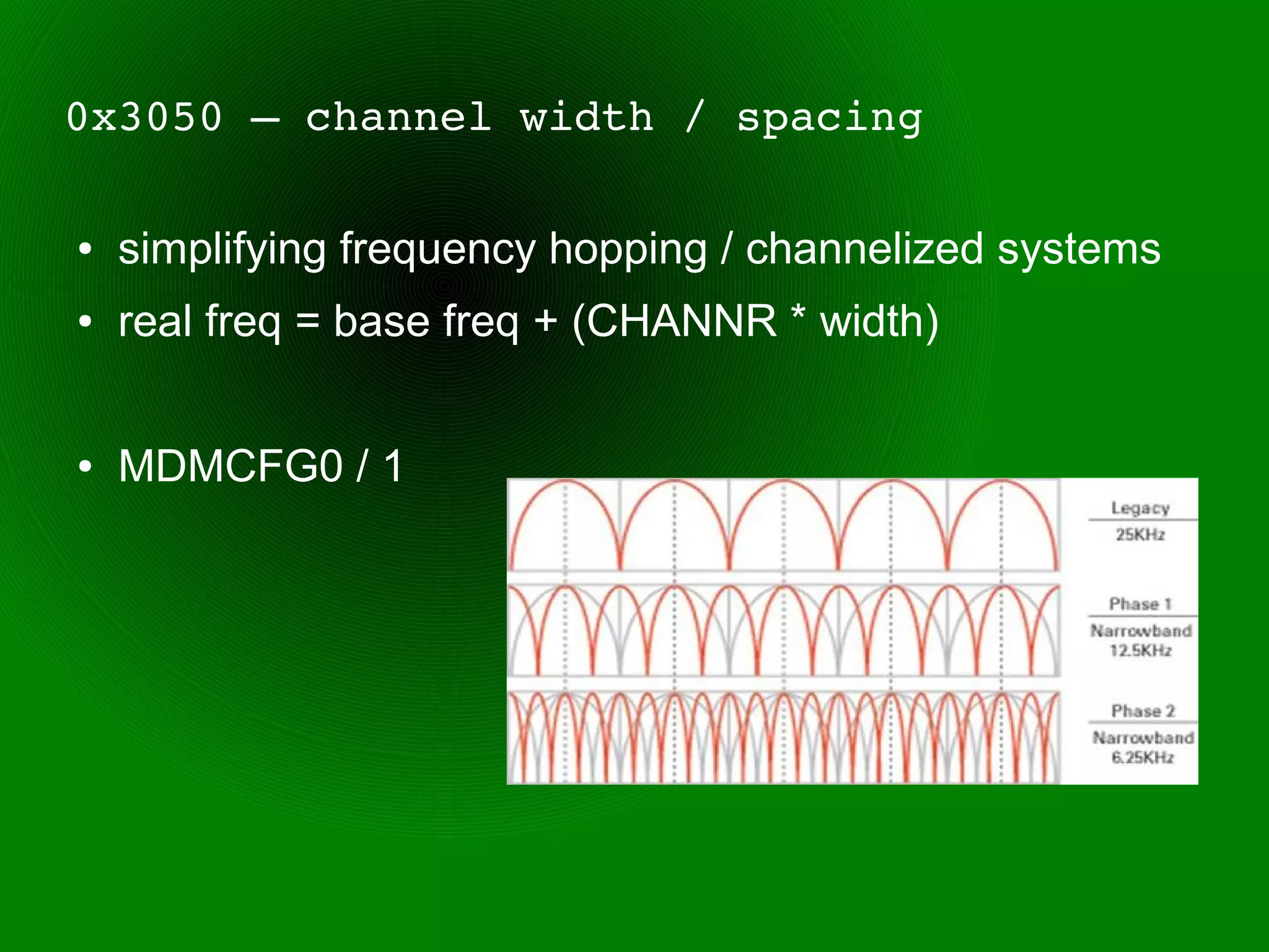 0x3050 – channel width / spacing

●   simplifying frequency hopping / channelized systems
●   real freq = base freq + (CHANNR * width)


●   MDMCFG0 / 1
 