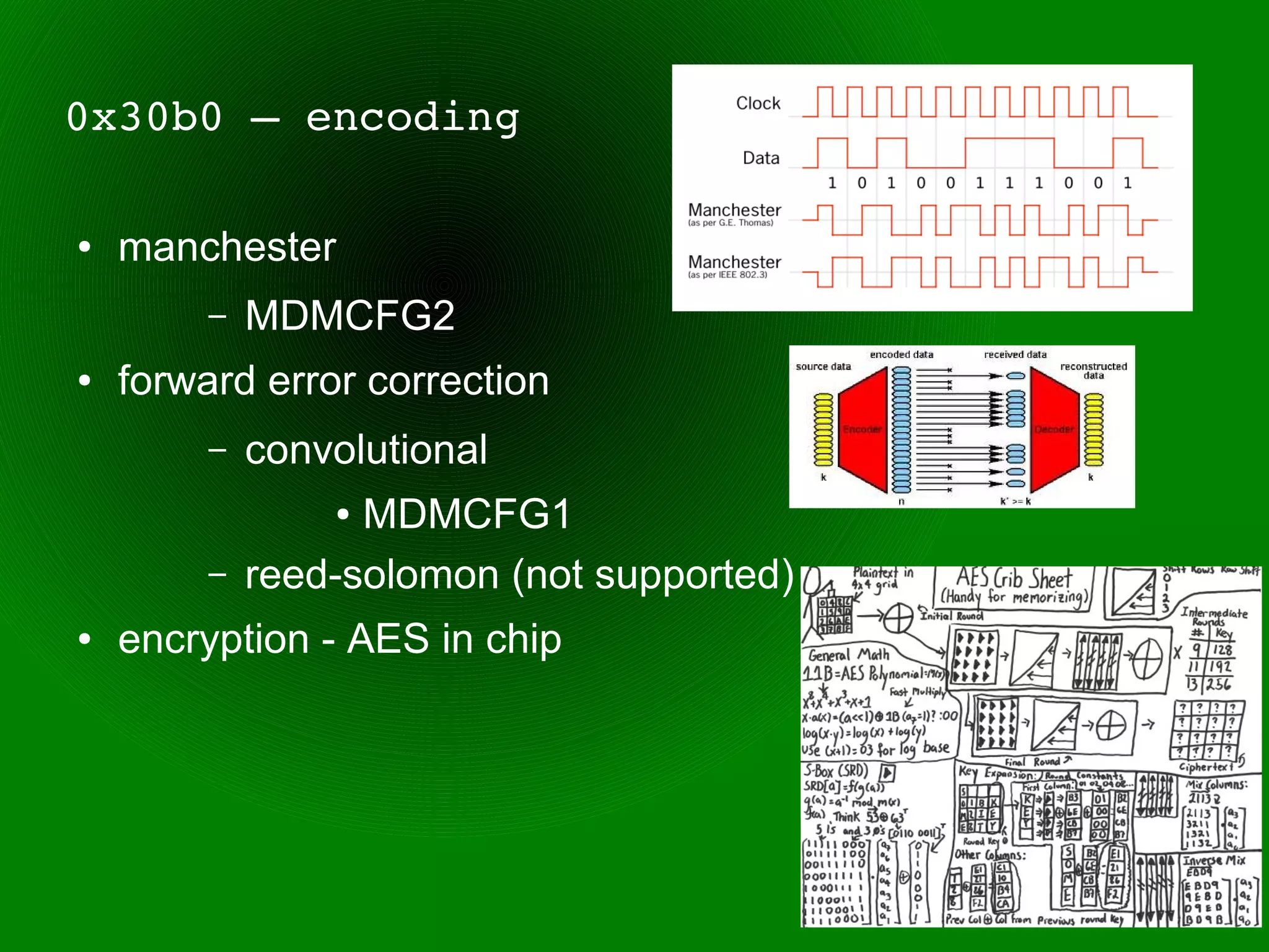 0x30b0 – encoding

●   manchester
         –   MDMCFG2
●   forward error correction
         –   convolutional
                 ● MDMCFG1
         –   reed-solomon (not supported)
●   encryption - AES in chip
 