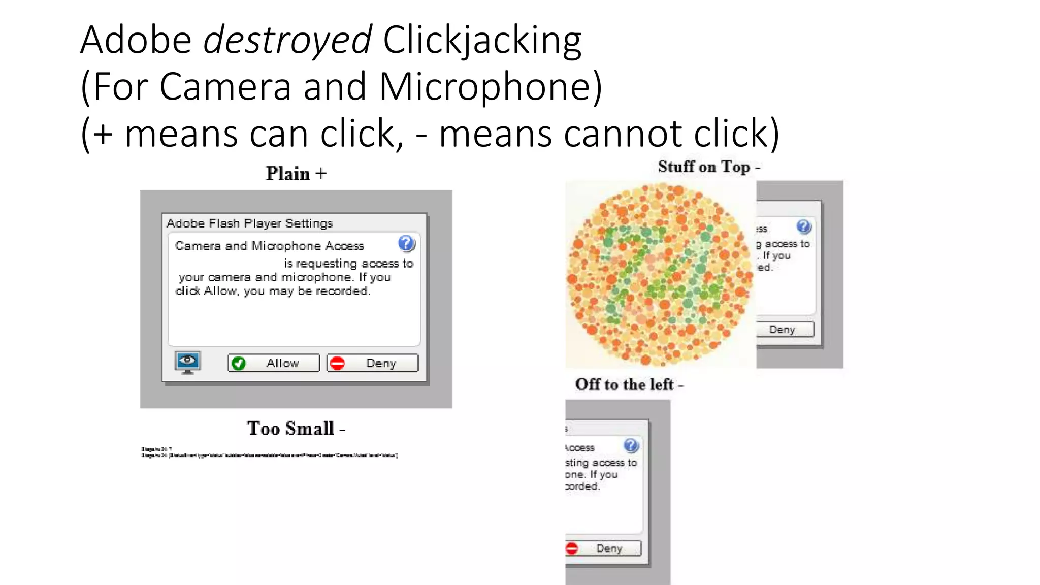 Adobe destroyed Clickjacking
(For Camera and Microphone)
(+ means can click, - means cannot click)
 