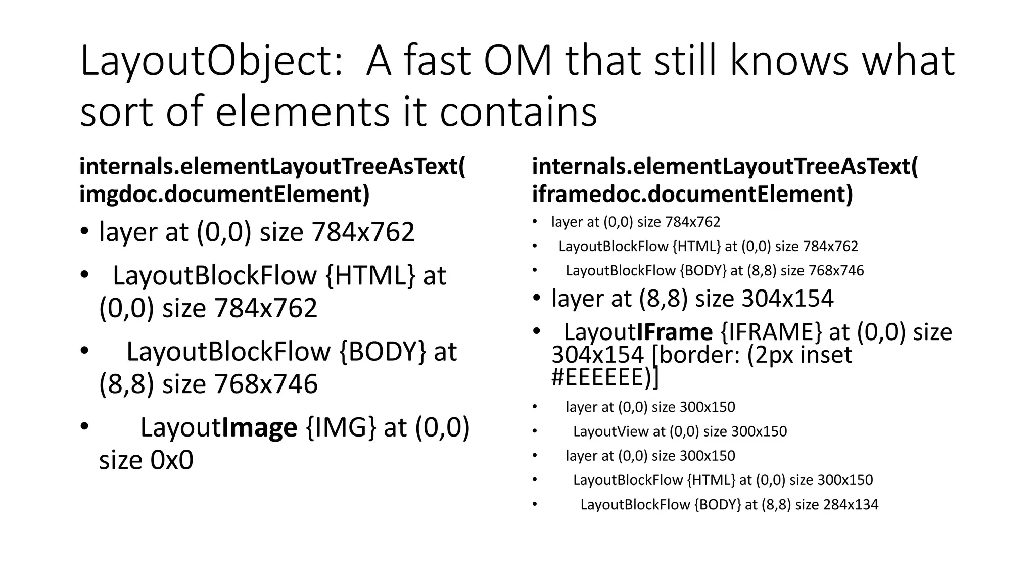 LayoutObject: A fast OM that still knows what
sort of elements it contains
internals.elementLayoutTreeAsText(
imgdoc.documentElement)
• layer at (0,0) size 784x762
• LayoutBlockFlow {HTML} at
(0,0) size 784x762
• LayoutBlockFlow {BODY} at
(8,8) size 768x746
• LayoutImage {IMG} at (0,0)
size 0x0
internals.elementLayoutTreeAsText(
iframedoc.documentElement)
• layer at (0,0) size 784x762
• LayoutBlockFlow {HTML} at (0,0) size 784x762
• LayoutBlockFlow {BODY} at (8,8) size 768x746
• layer at (8,8) size 304x154
• LayoutIFrame {IFRAME} at (0,0) size
304x154 [border: (2px inset
#EEEEEE)]
• layer at (0,0) size 300x150
• LayoutView at (0,0) size 300x150
• layer at (0,0) size 300x150
• LayoutBlockFlow {HTML} at (0,0) size 300x150
• LayoutBlockFlow {BODY} at (8,8) size 284x134
 