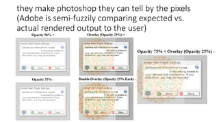 they make photoshop they can tell by the pixels
(Adobe is semi-fuzzily comparing expected vs.
actual rendered output to th...