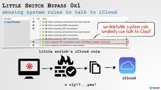 abusing system rules to talk to iCloud
LITTLE SNITCH BYPASS 0X1
iCloud
little snitch's iCloud rule
o rly!?...yes!
un-delet...