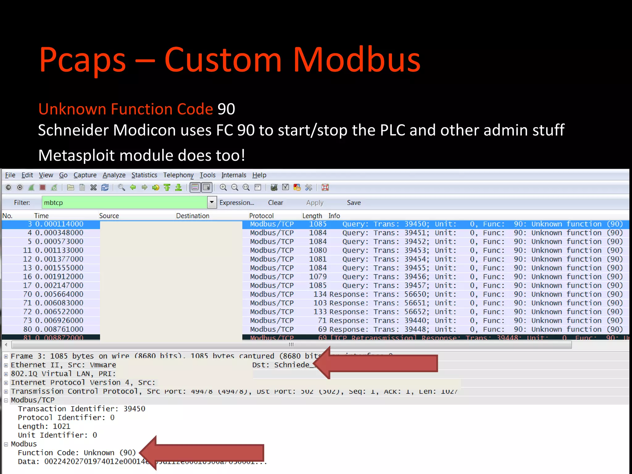 Pcaps – Custom Modbus
Unknown Function Code 90
Schneider Modicon uses FC 90 to start/stop the PLC and other admin stuff
Metasploit module does too!
c
 