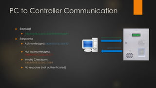 PC to Controller Communication
 Request
 5AA5000A1105010008000000CB97
 Response
 Acknowledged:5AA50004110C462
5
 Not Acknowledged:
5AA50005110D024C23
 Invalid Checksum:
5AA50005110D017EB8
 No response (not authenticated)
5AA5000A11013635343332319A71
5AA50005110D024C23
 