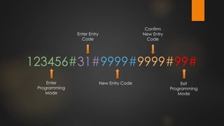 123456#31#9999#9999#99#
Enter
Programming
Mode
Enter Entry
Code
Confirm
New Entry
Code
Exit
Programming
Mode
New Entry Code
 