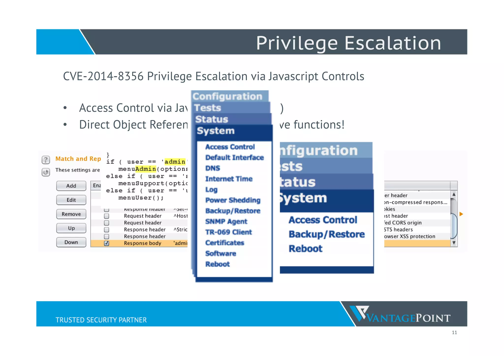 11
Privilege Escalation
CVE-2014-8356 Privilege Escalation via Javascript Controls
•  Access Control via Javascript! (Horrible!)
•  Direct Object Reference to administrative functions!
 