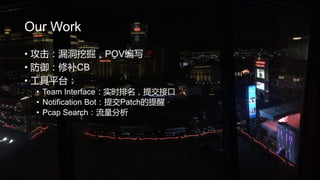 Our Work
? ©ھPOVд
? ޲CB
? ƽ̨
? Team Interfaceʵʱύӿ
? Notification BotύPatch
? Pcap Search
 
