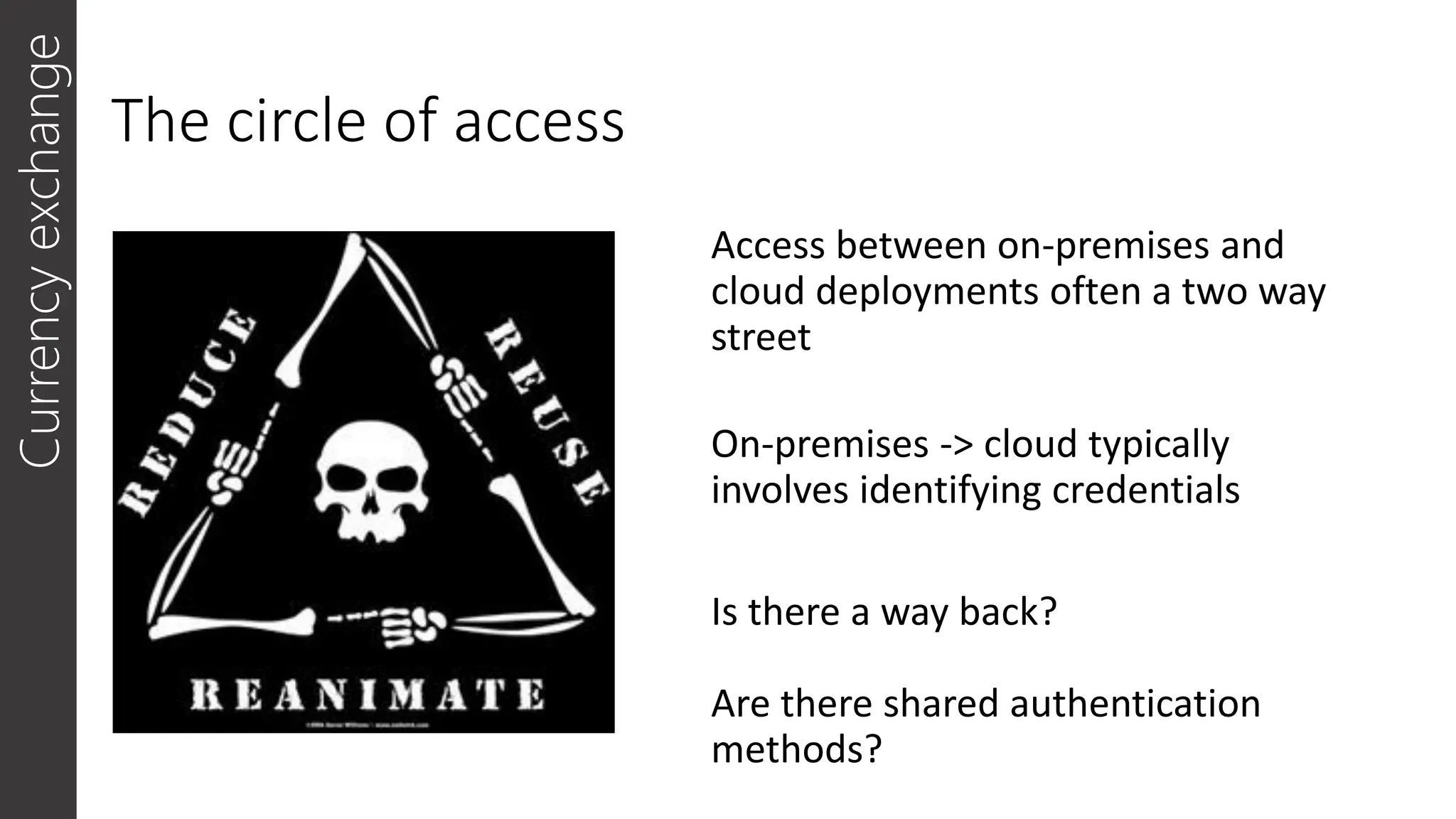 The circle of access
Access between on-premises and
cloud deployments often a two way
street
On-premises -> cloud typically
involves identifying credentials
Is there a way back?
Are there shared authentication
methods?
Currency
exchange
 