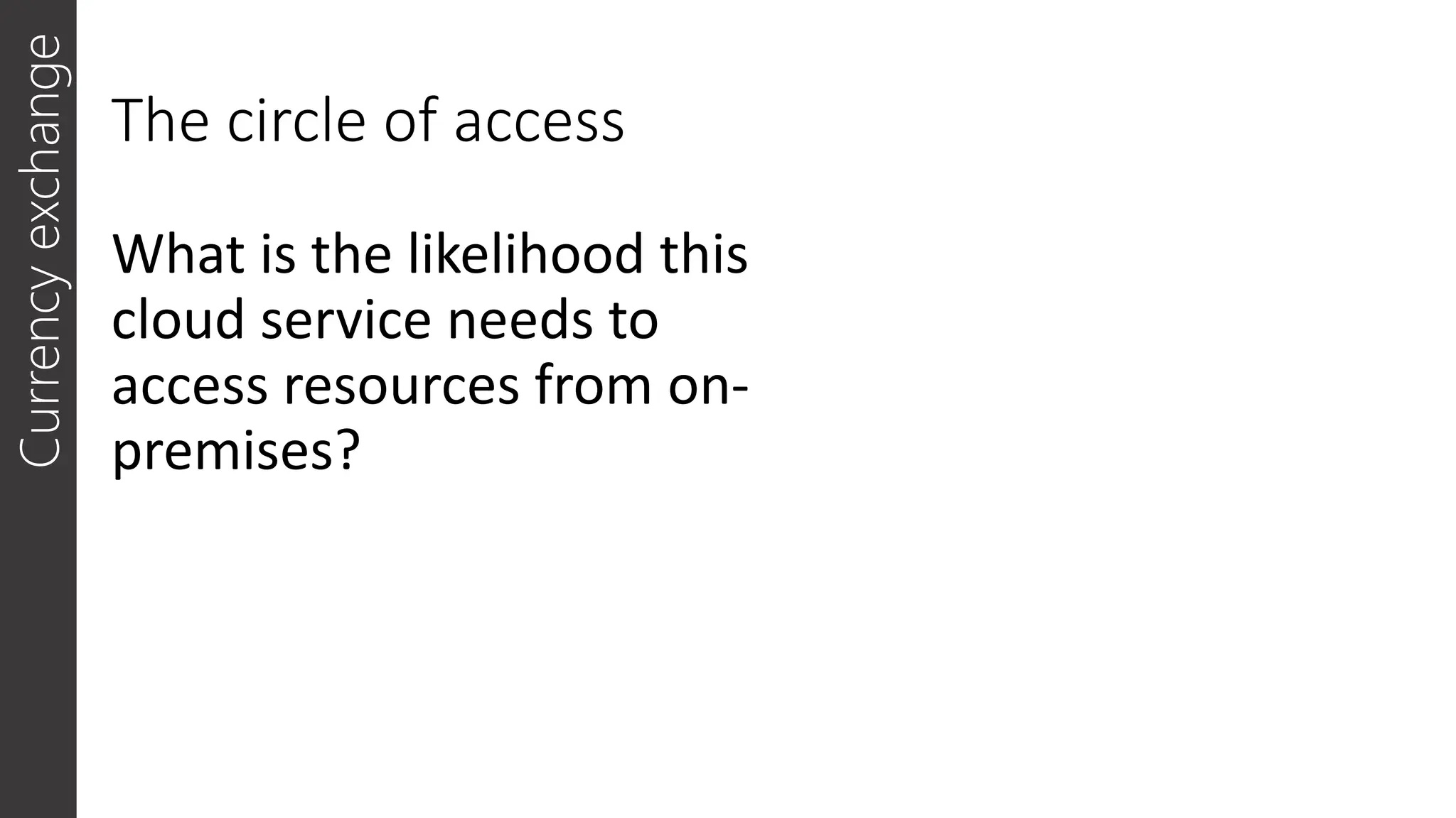The circle of access
What is the likelihood this
cloud service needs to
access resources from on-
premises?
Currency
exchange
 