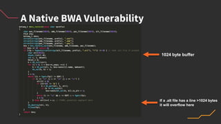 A Native BWA Vulnerability
If a .alt file has a line >1024 bytes
it will overflow here
1024 byte buffer
 