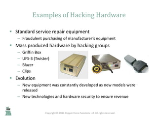 Examples of Hacking Hardware
 Standard service repair equipment
– Fraudulent purchasing of manufacturer’s equipment
 Mas...